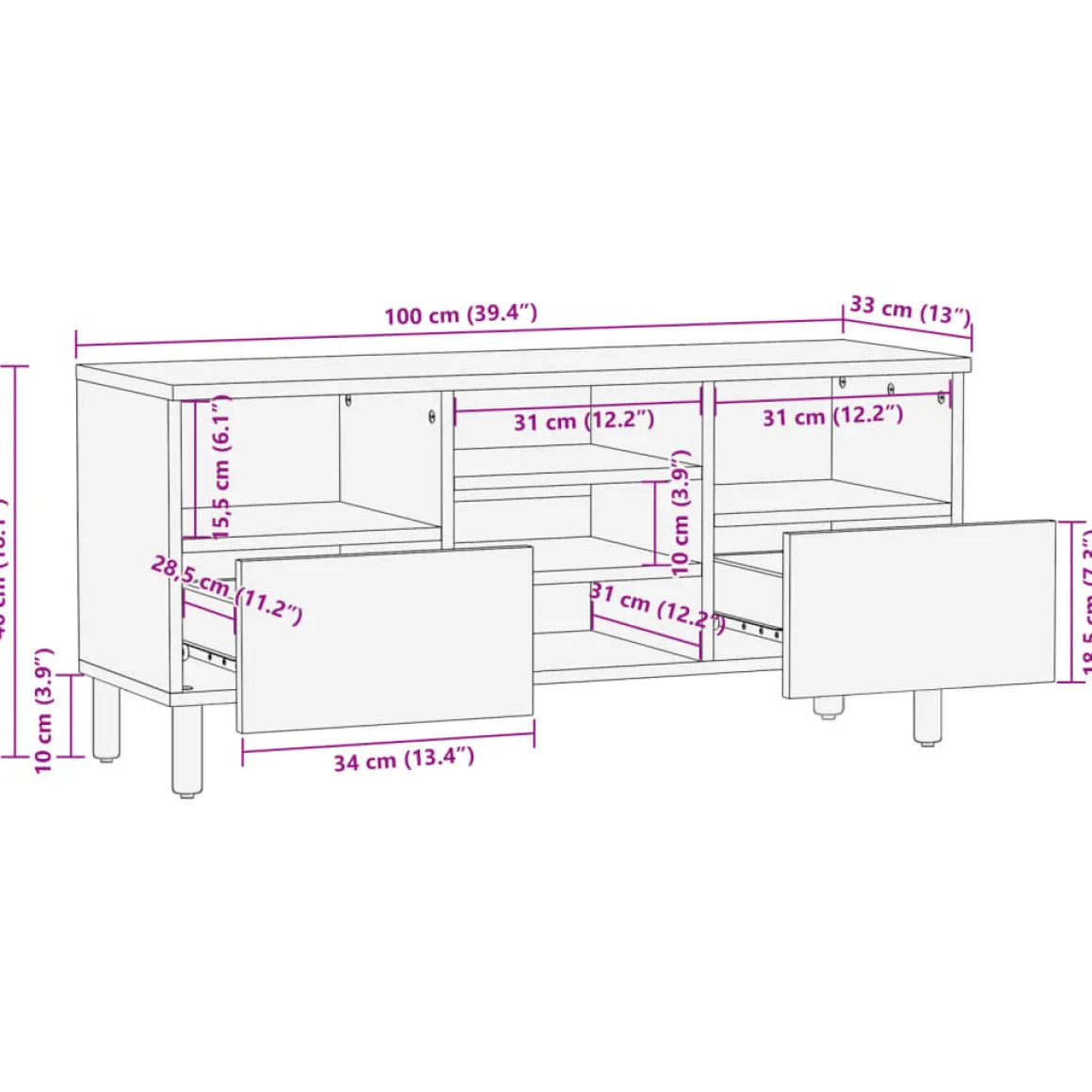 Mueble de TV Dalia 2 cajones + 5 compartimentos negro 46x100x33 cm