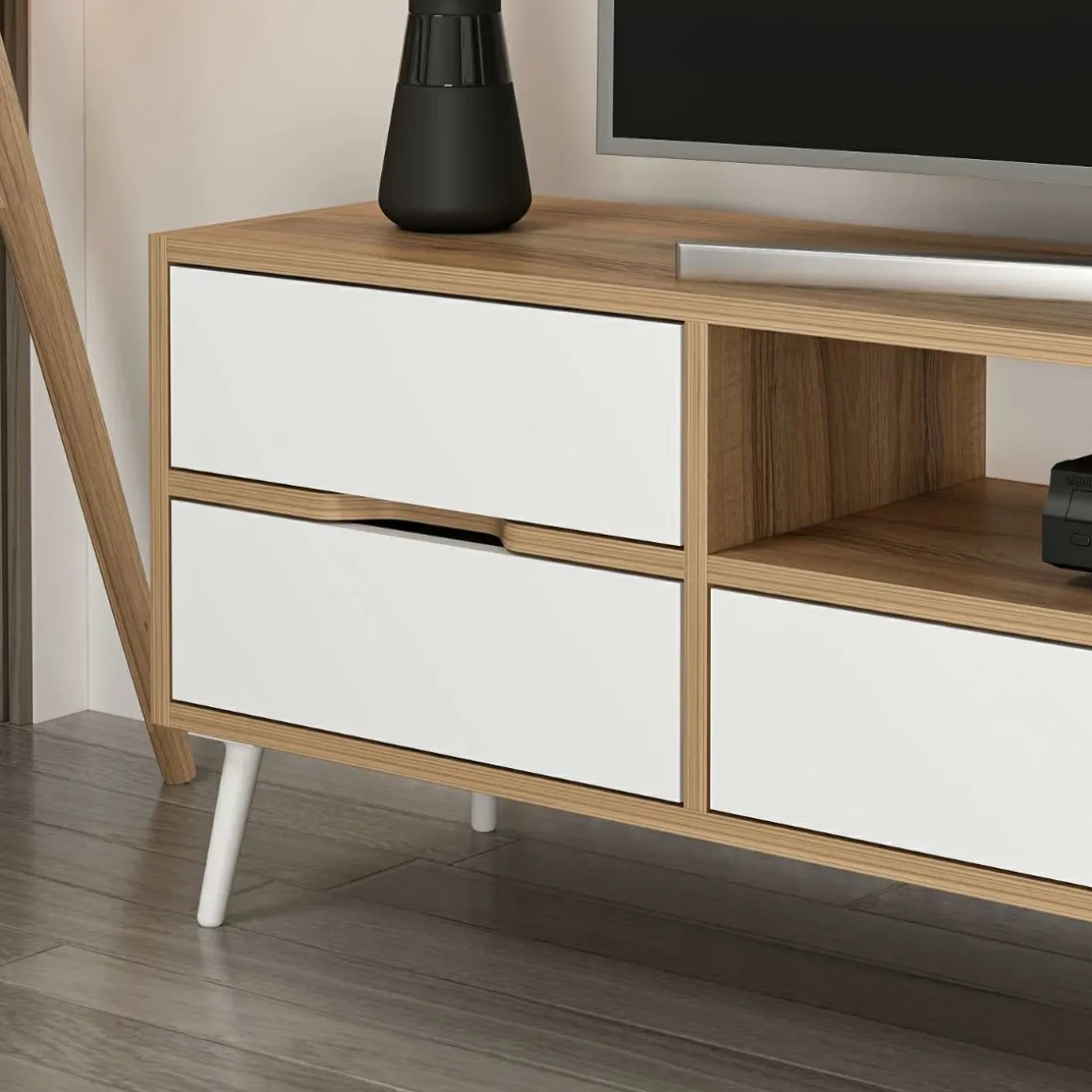 Mueble de TV Elina 4 cajones con 2 puertas blanco/beige 90x180x45 cm