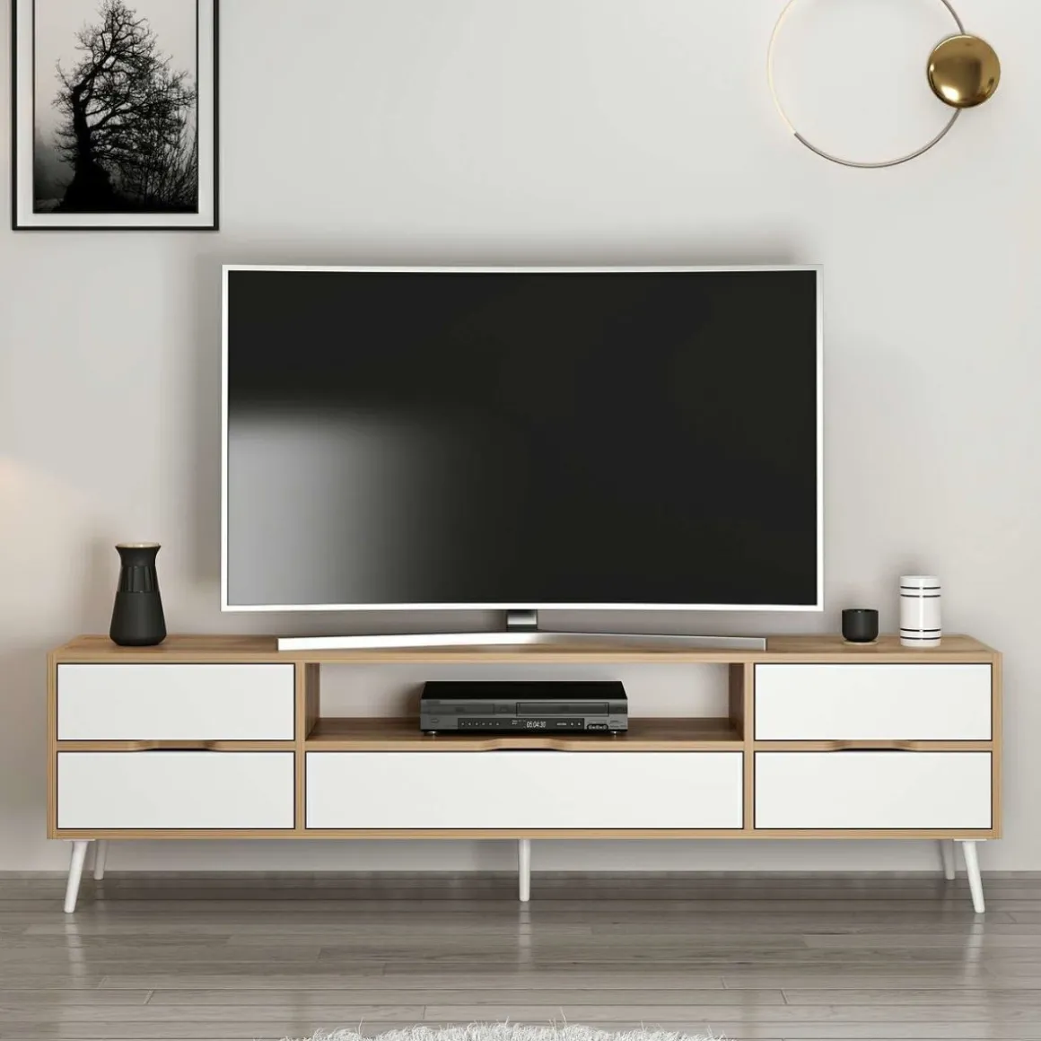 Mueble de TV Elina 4 cajones con 2 puertas blanco/beige 90x180x45 cm