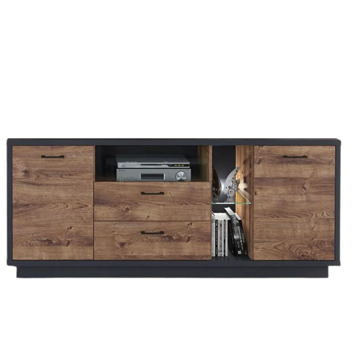 Mueble de TV Europa 3 puertas + 2 cajones + repisa + luces LED grafito/roble 74x170x45 cm
