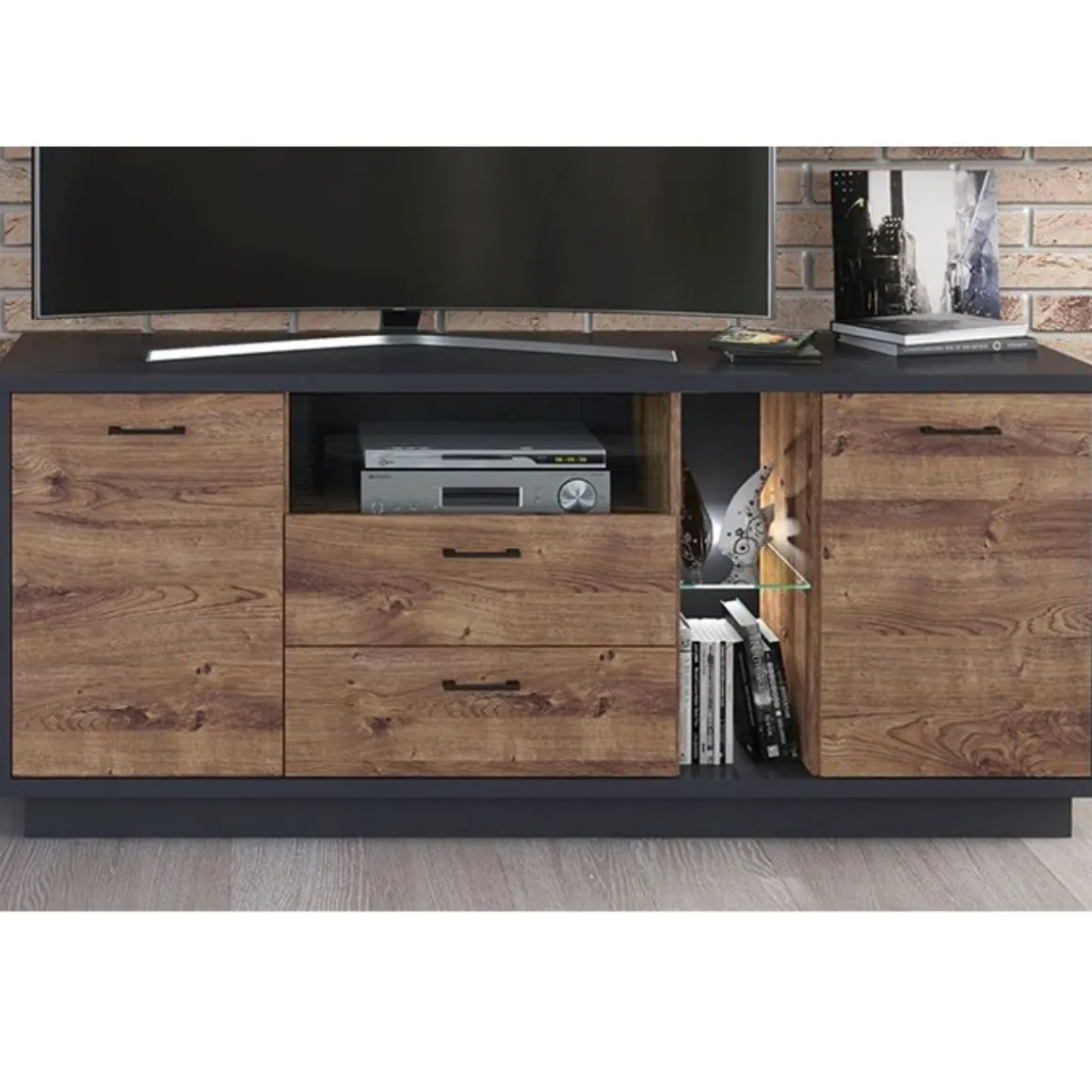 Mueble de TV Europa 3 puertas + 2 cajones + repisa + luces LED grafito/roble 74x170x45 cm