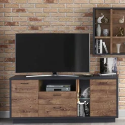 Mueble de TV Europa 3 puertas + 2 cajones + repisa + luces LED grafito/roble 74x170x45 cm