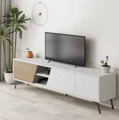 Mueble de TV Fiona 3 puertas + 2 compartimentos blanco/natural 48x180x35,6 cm
