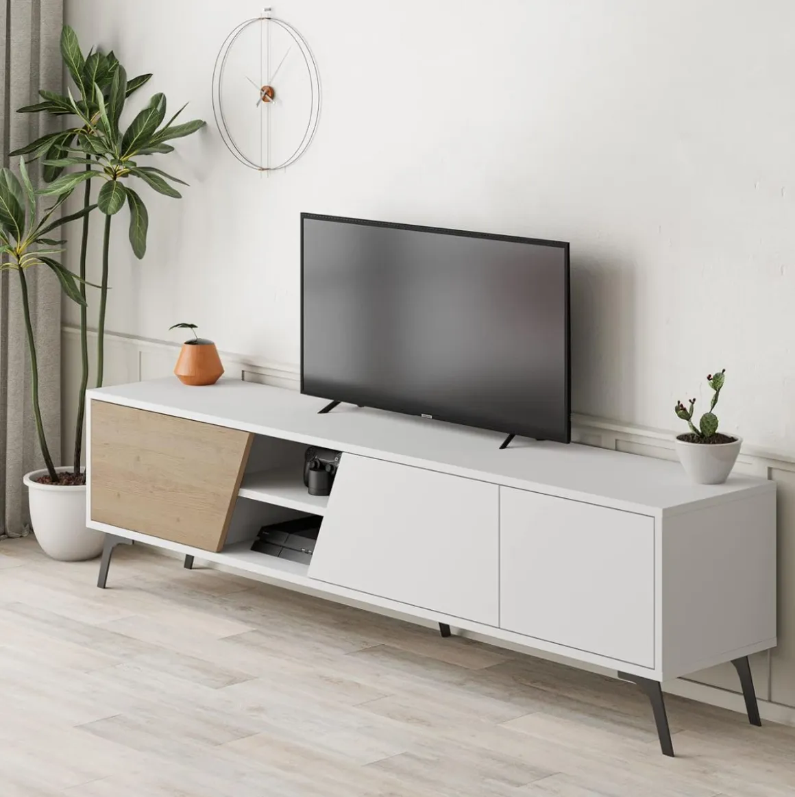 Mueble de TV Fiona 3 puertas + 2 compartimentos blanco/natural 48x180x35,6 cm