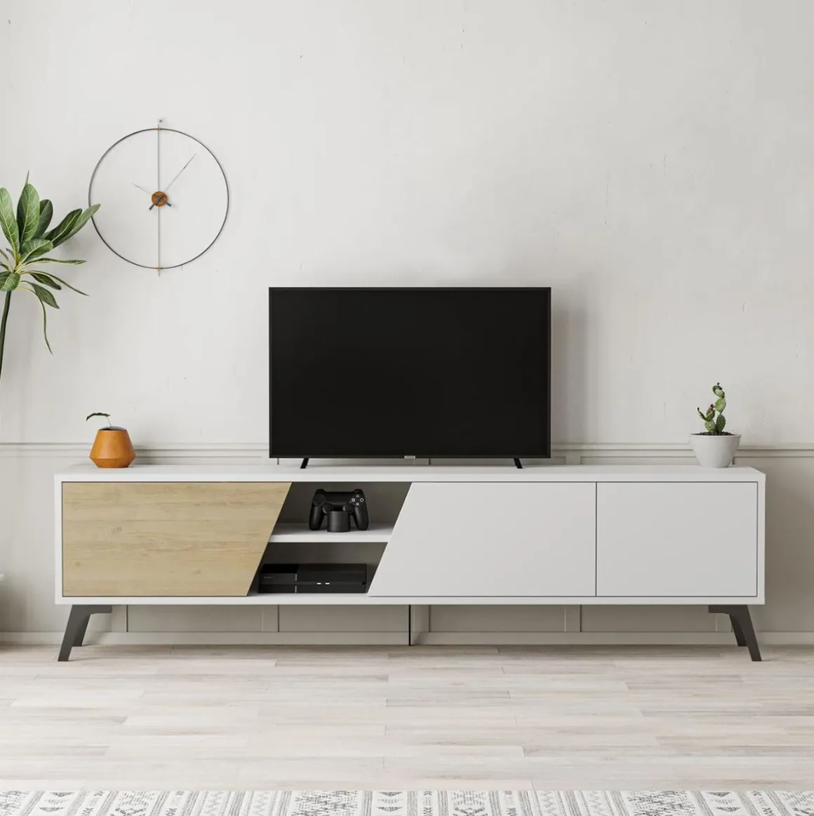 Mueble de TV Fiona 3 puertas + 2 compartimentos blanco/natural 48x180x35,6 cm