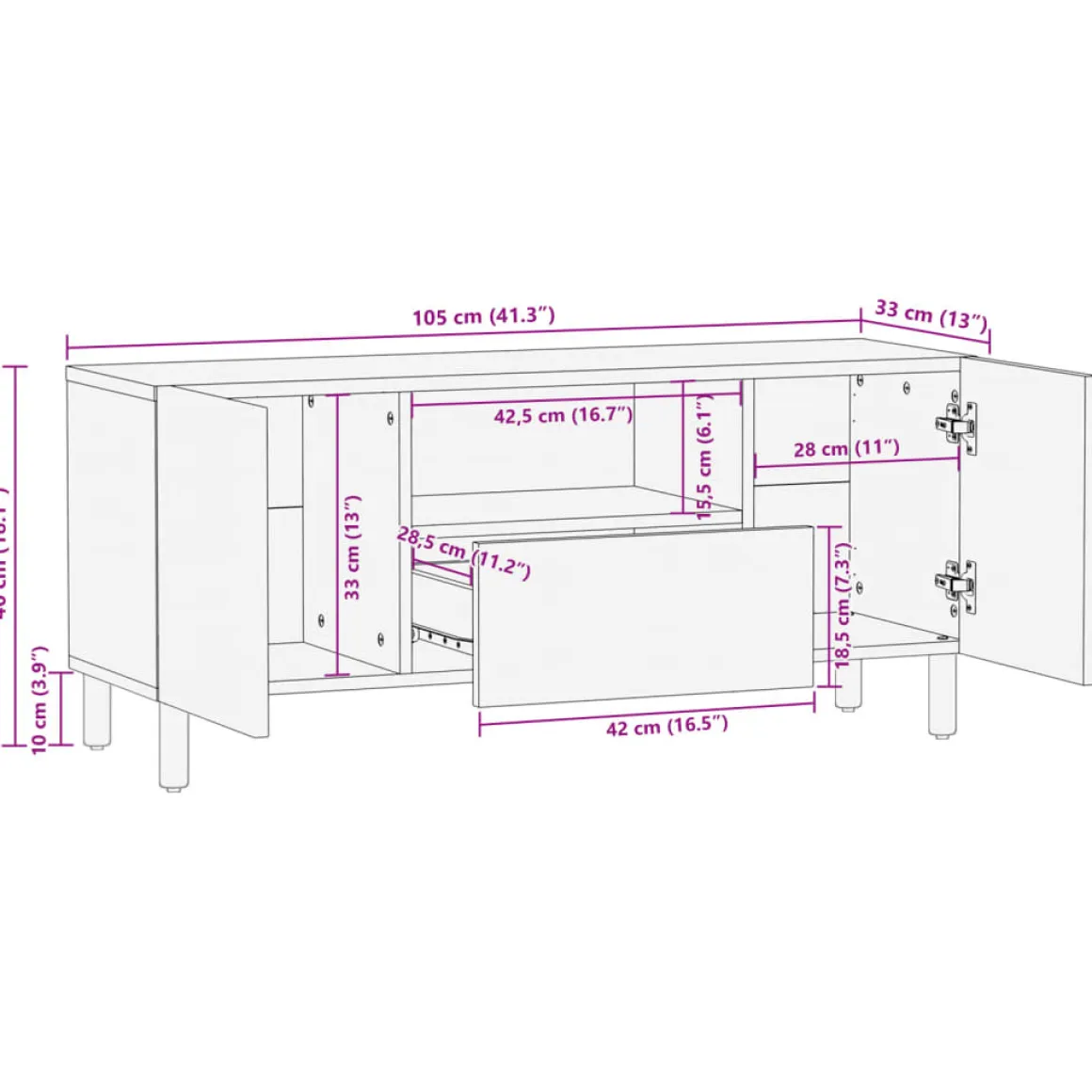 Mueble de TV Florencia 1 compartimento + 2 armarios + 1 cajón negro 46x105x33 cm