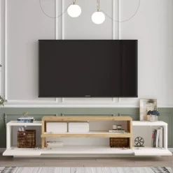 Mueble de TV Gaxio 4 puertas abatibles blanco/natural 38x160x37 cm