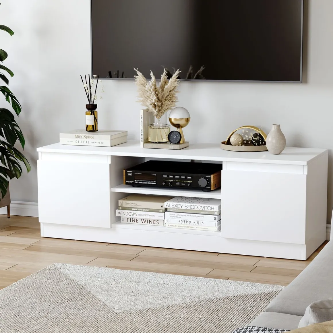 Mueble de TV Graham Homcom 2 puertas + 2 compartimentos blanco 40x120x39,5 cm