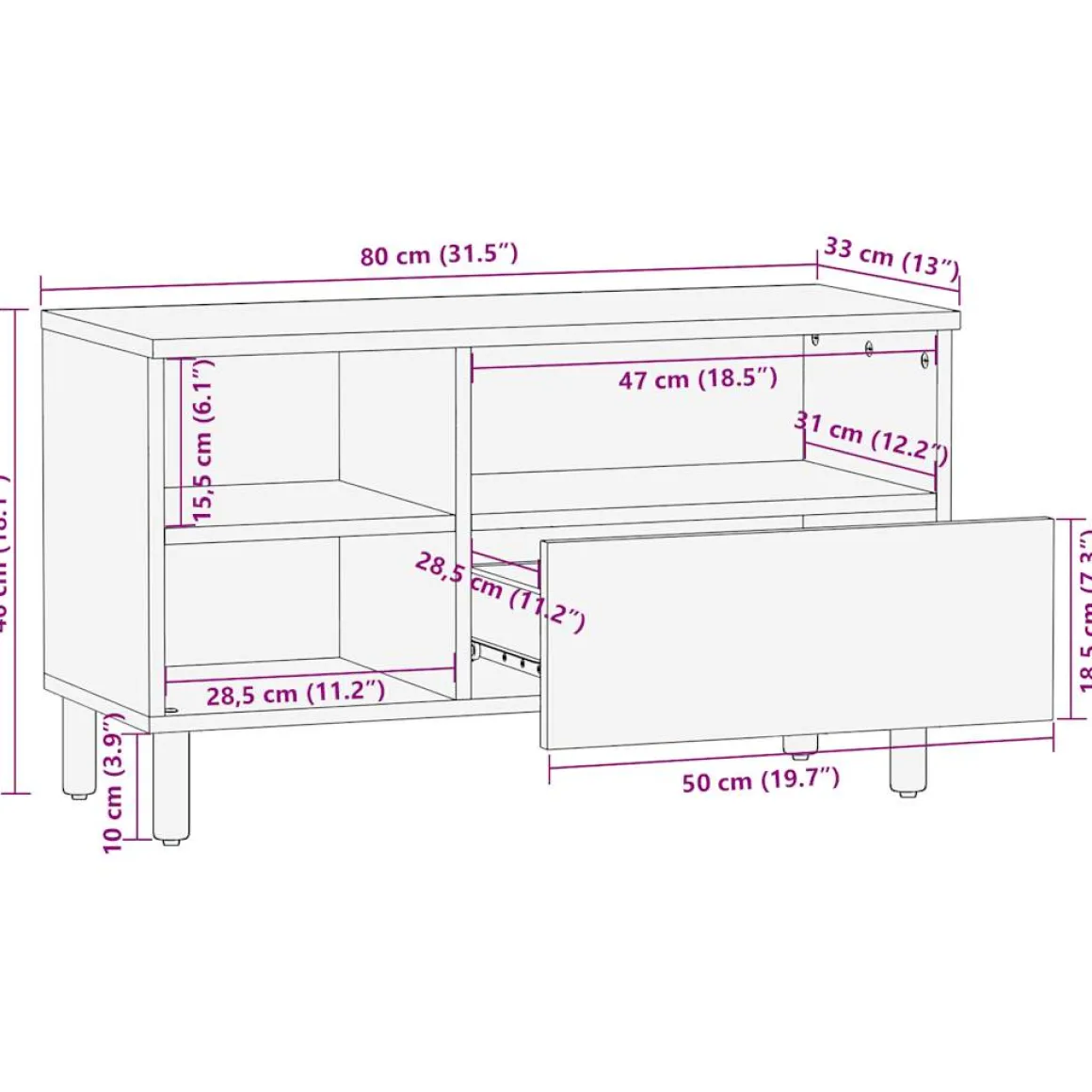 Mueble de TV Grillo 3 compartimentos + cajón negro 46x80x33 cm