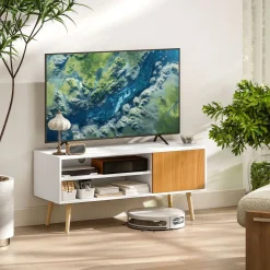 Mueble de TV Hiro Homcom 2 estantes con puerta blanco/natural 50x110x40 cm