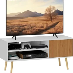 Mueble de TV Hiro Homcom 2 estantes con puerta blanco/natural 50x110x40 cm