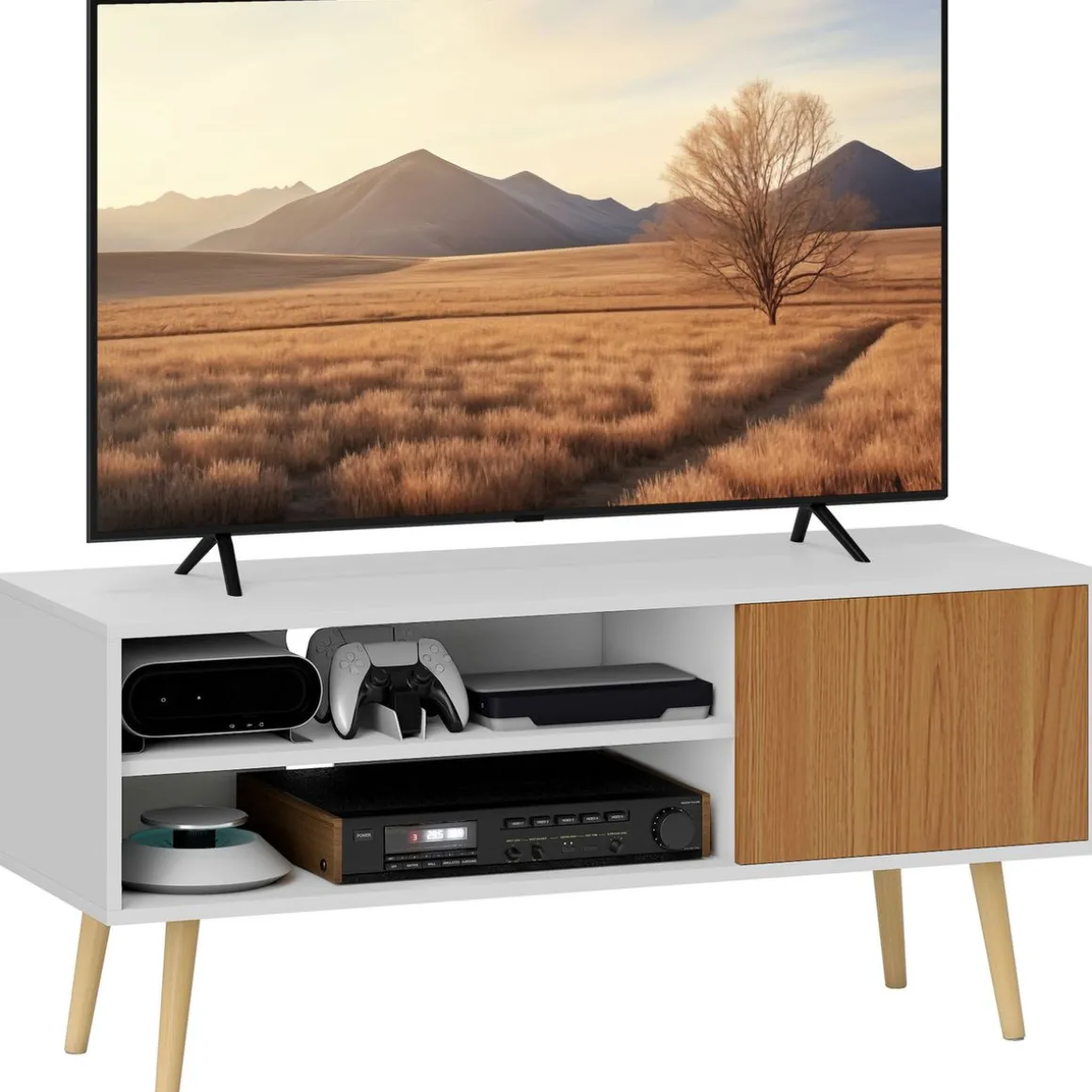 Mueble de TV Hiro Homcom 2 estantes con puerta blanco/natural 50x110x40 cm