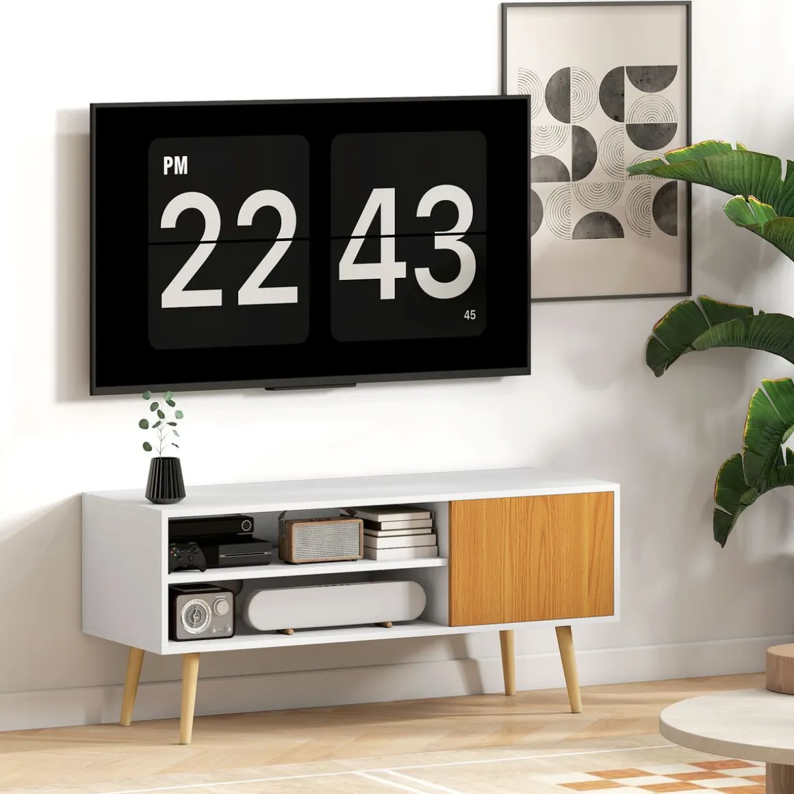 Mueble de TV Hiro Homcom 2 estantes con puerta blanco/natural 50x110x40 cm