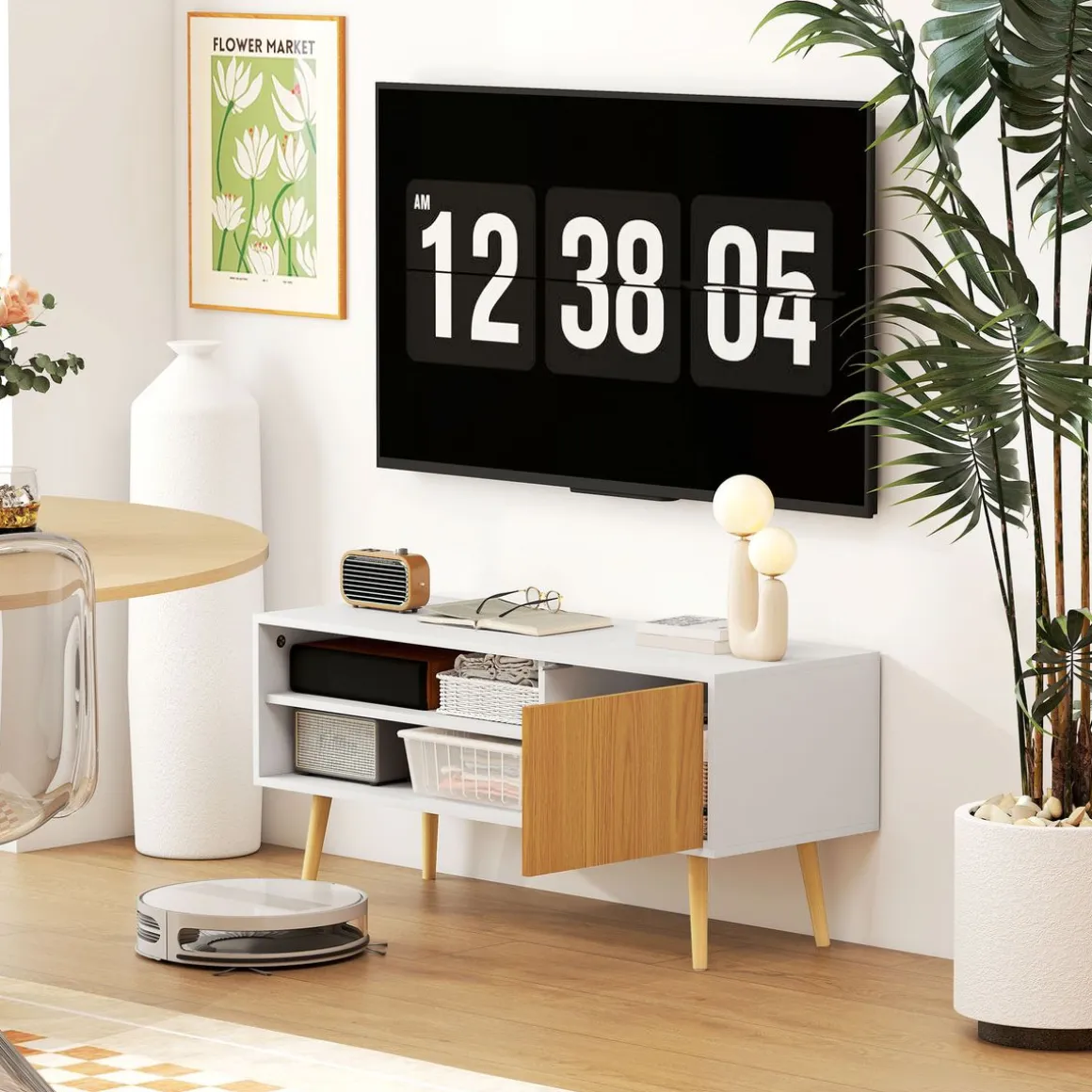 Mueble de TV Hiro Homcom 2 estantes con puerta blanco/natural 50x110x40 cm