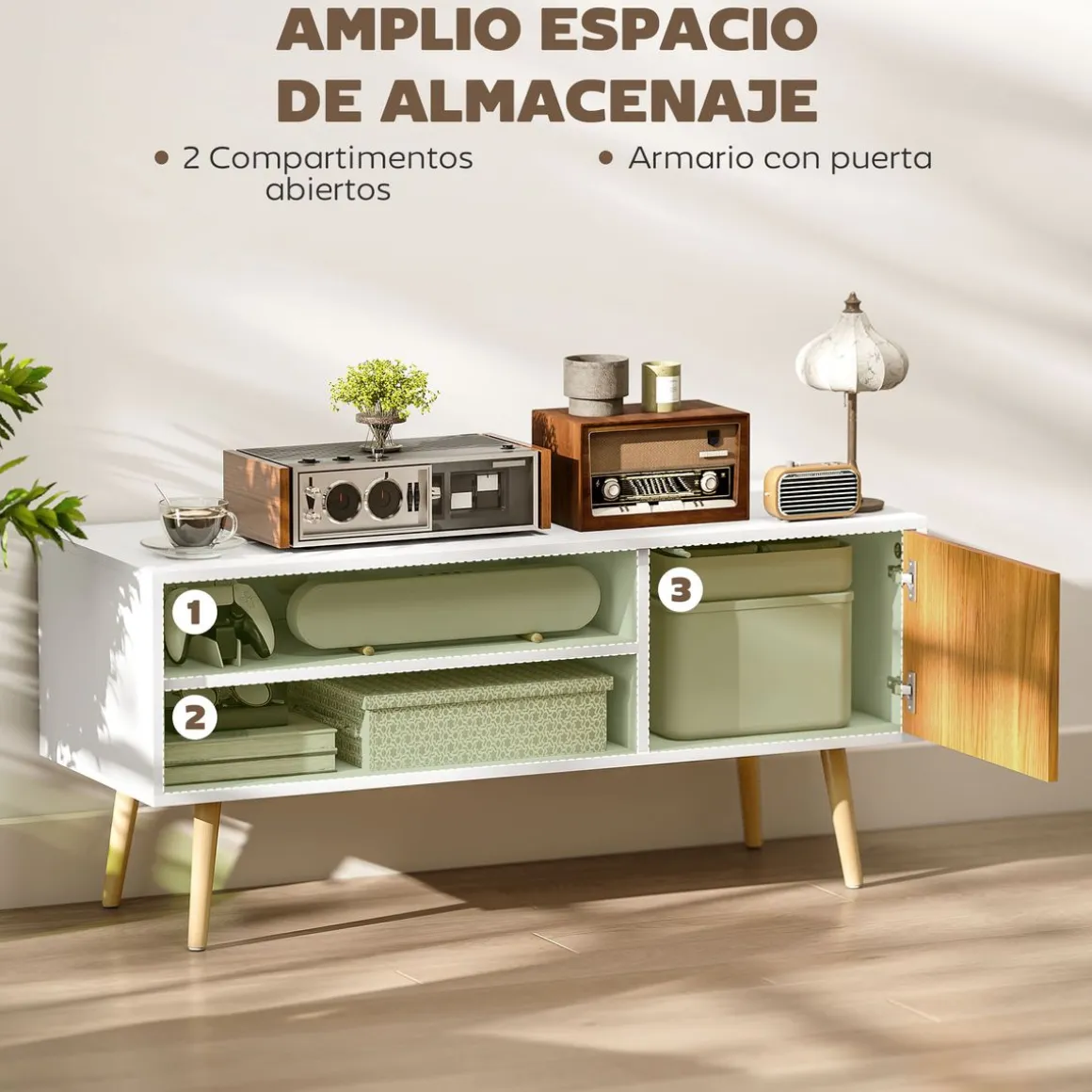 Mueble de TV Hiro Homcom 2 estantes con puerta blanco/natural 50x110x40 cm