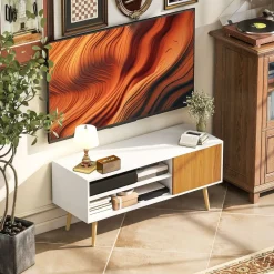 Mueble de TV Hiro Homcom 2 estantes con puerta blanco/natural 50x110x40 cm