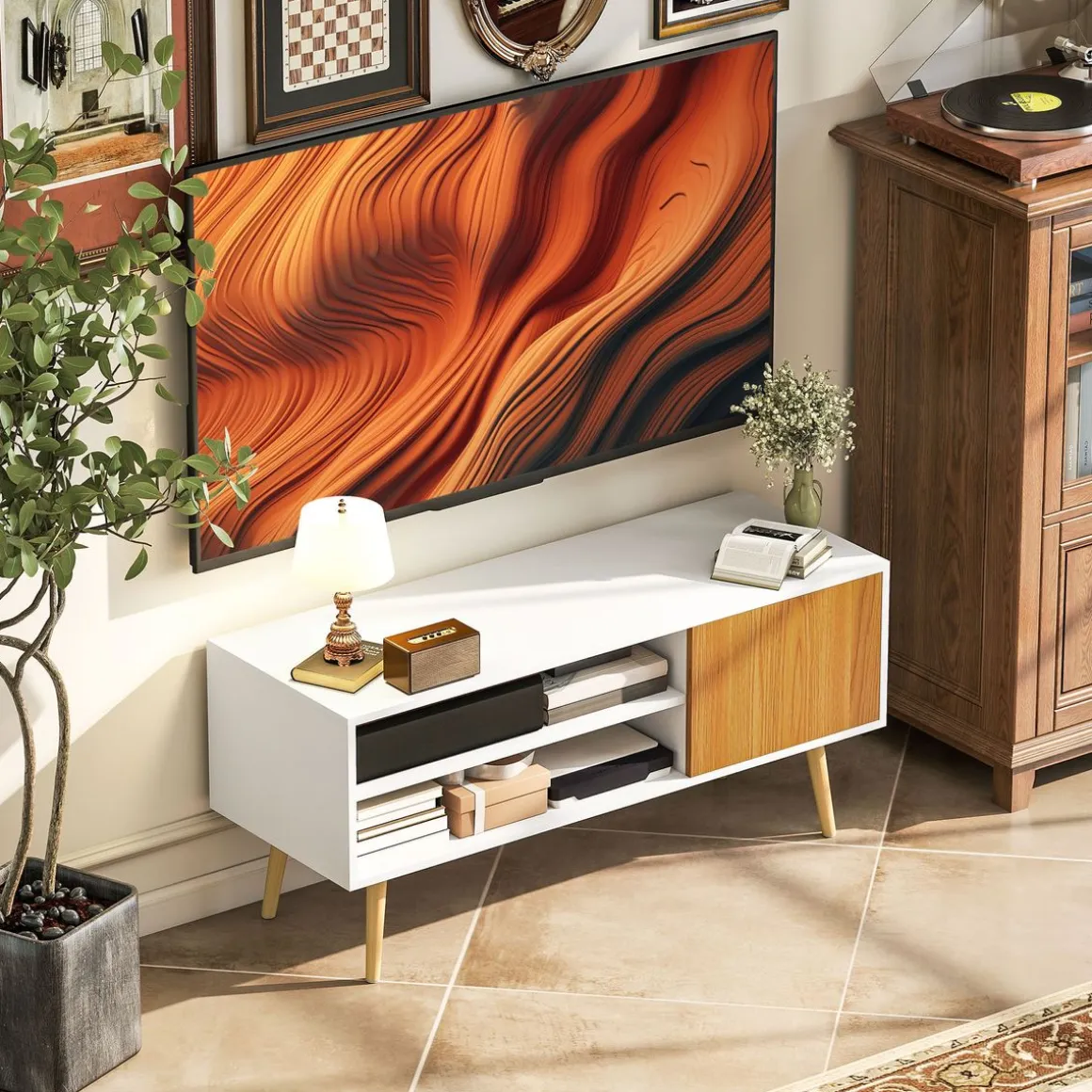 Mueble de TV Hiro Homcom 2 estantes con puerta blanco/natural 50x110x40 cm