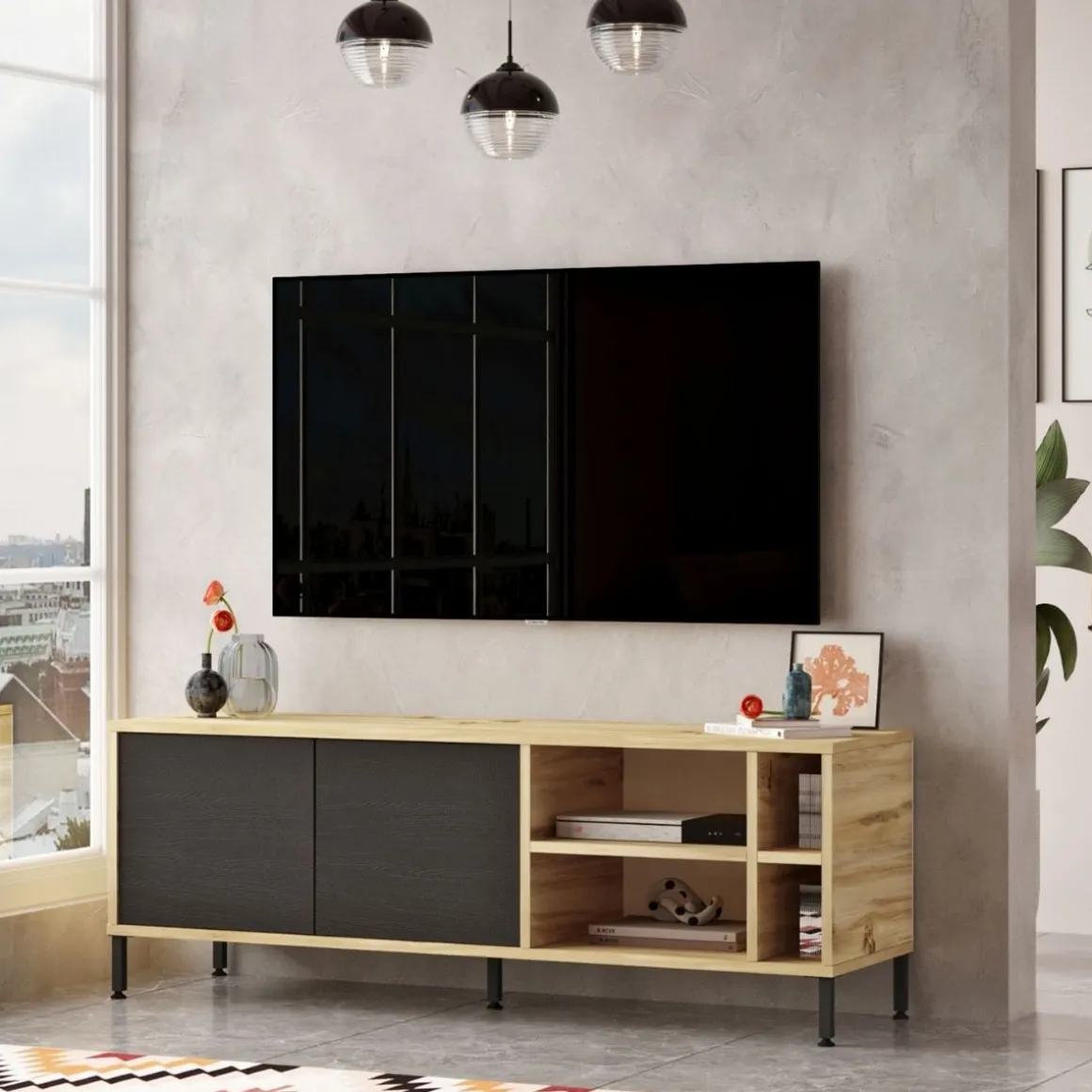 Mueble de TV Isabela 2 puertas y 4 compartimentos cambria/grafito 48,9x140x40 cm
