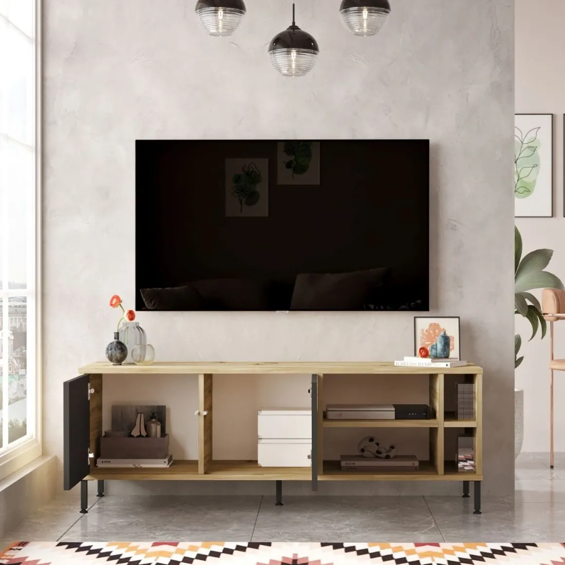 Mueble de TV Isabela 2 puertas y 4 compartimentos cambria/grafito 48,9x140x40 cm