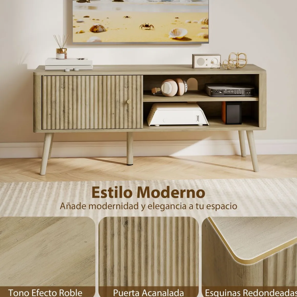 Mueble de TV Itsu Homcom con puerta y estante natural 49x115x35 cm