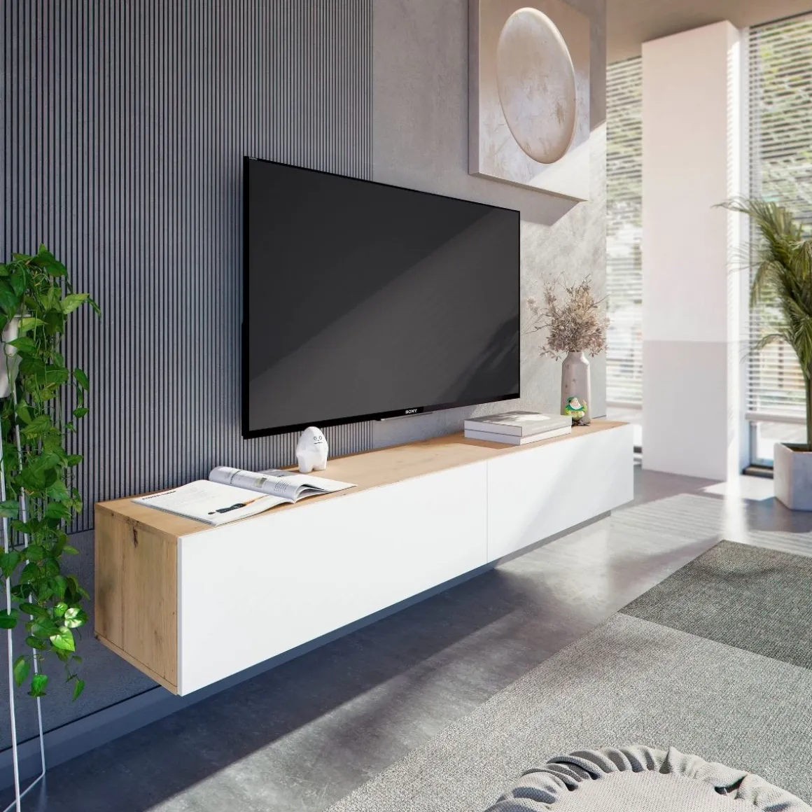 Mueble de TV Kaway dos puertas abatibles blanco/natural 28x180x34,5 cm