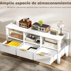 Mueble de TV Kibha Homcom 3 cajones y 3 compartimentos blanco 50x120x39,5 cm