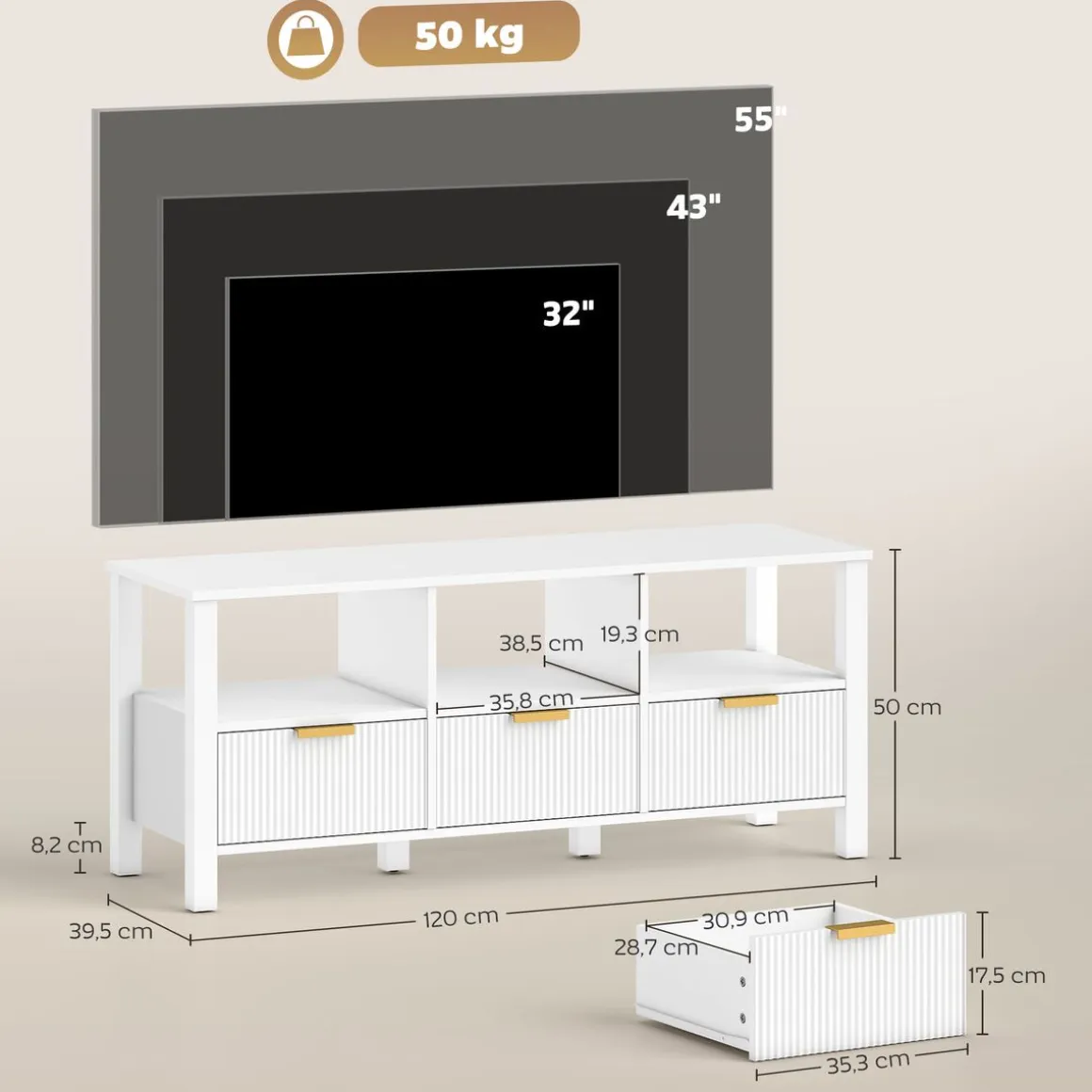 Mueble de TV Kibha Homcom 3 cajones y 3 compartimentos blanco 50x120x39,5 cm