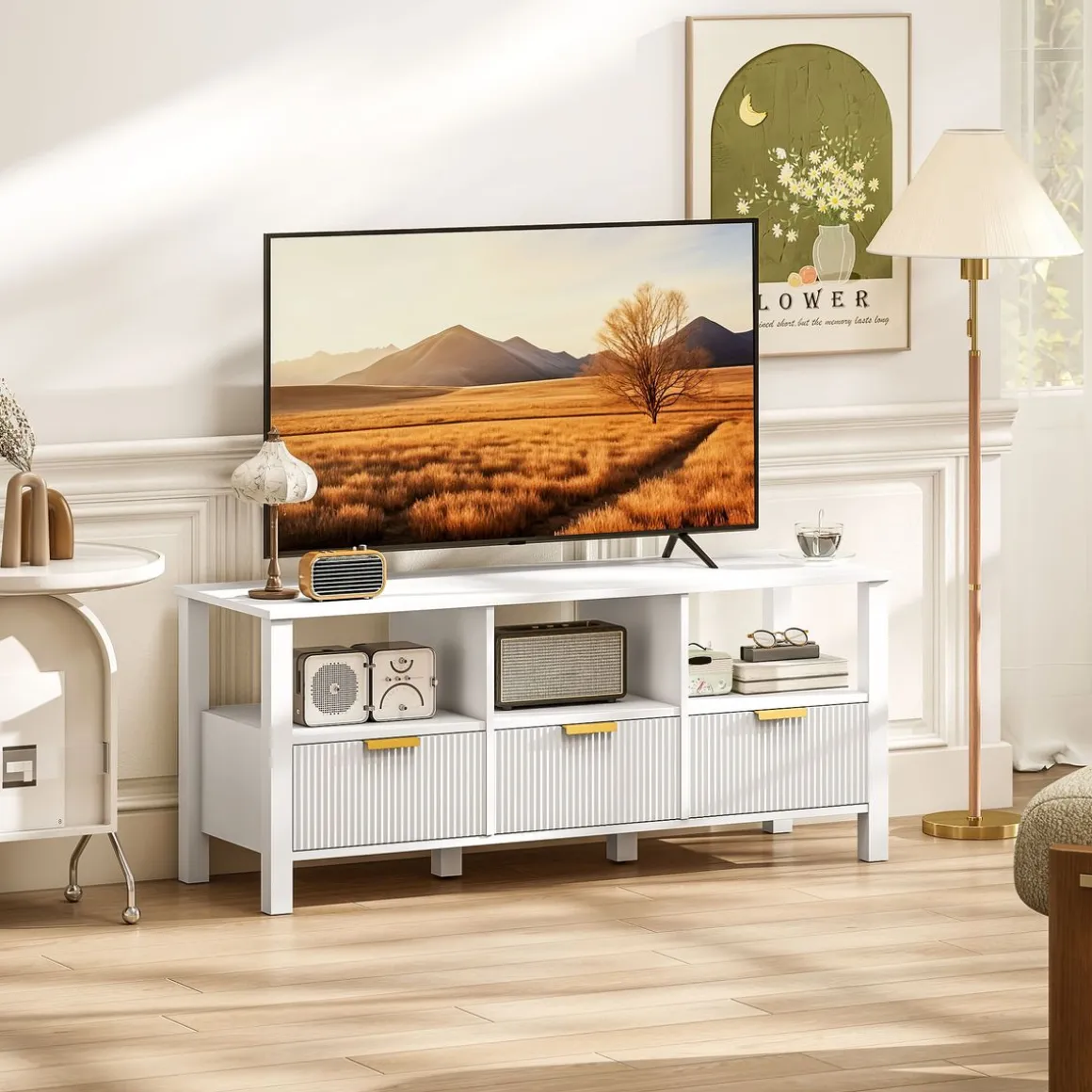 Mueble de TV Kibha Homcom 3 cajones y 3 compartimentos blanco 50x120x39,5 cm