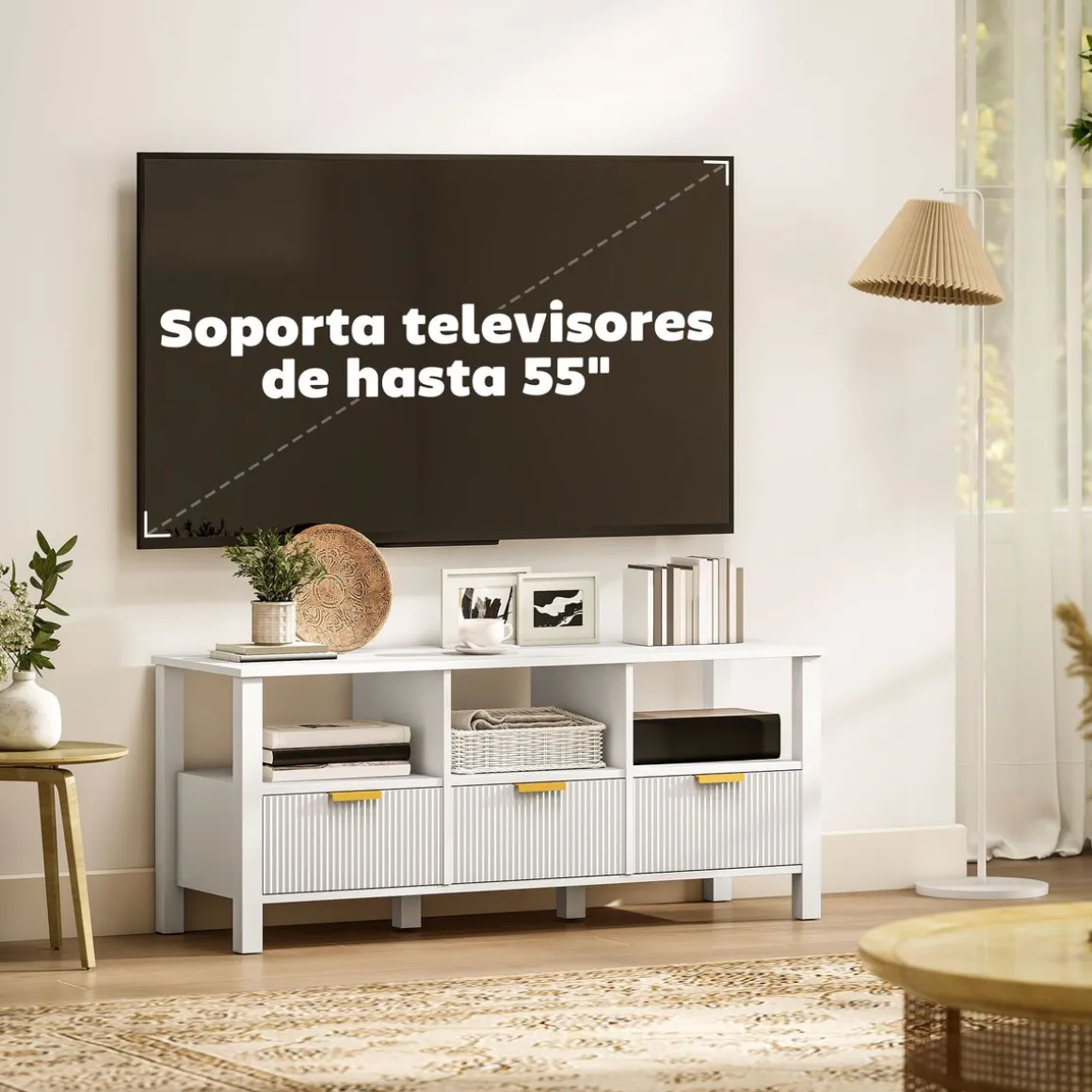 Mueble de TV Kibha Homcom 3 cajones y 3 compartimentos blanco 50x120x39,5 cm
