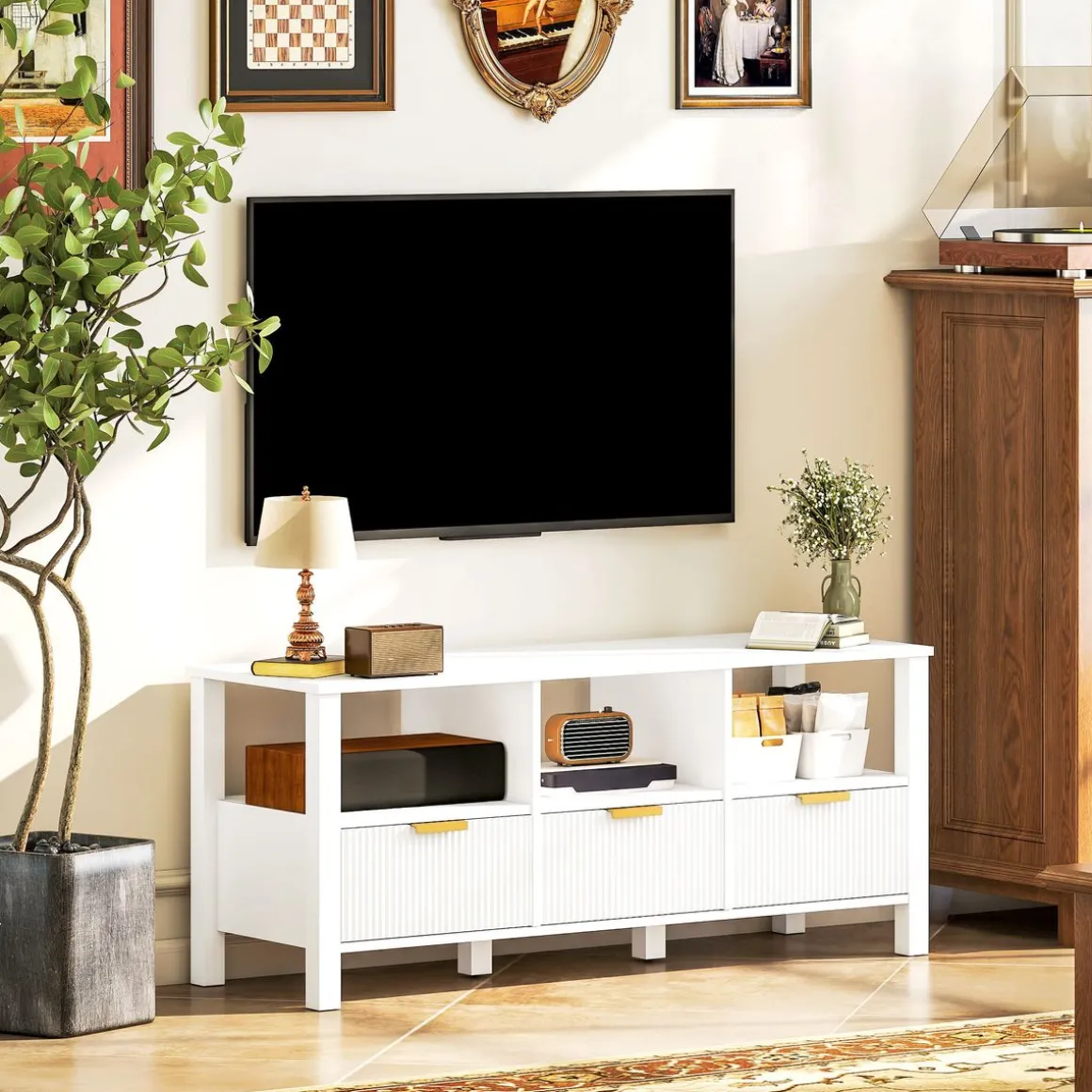 Mueble de TV Kibha Homcom 3 cajones y 3 compartimentos blanco 50x120x39,5 cm