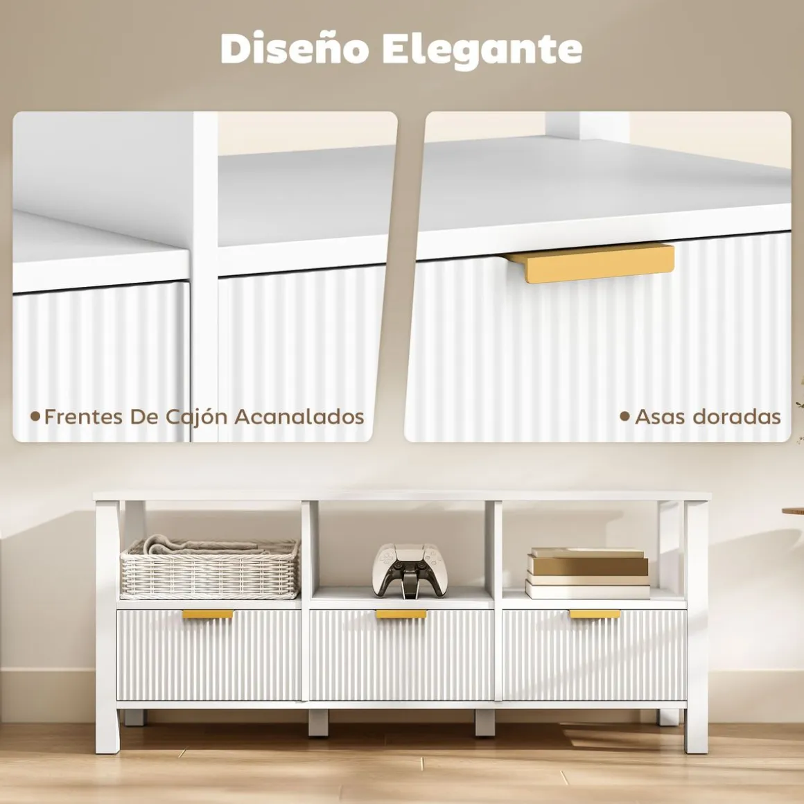 Mueble de TV Kibha Homcom 3 cajones y 3 compartimentos blanco 50x120x39,5 cm