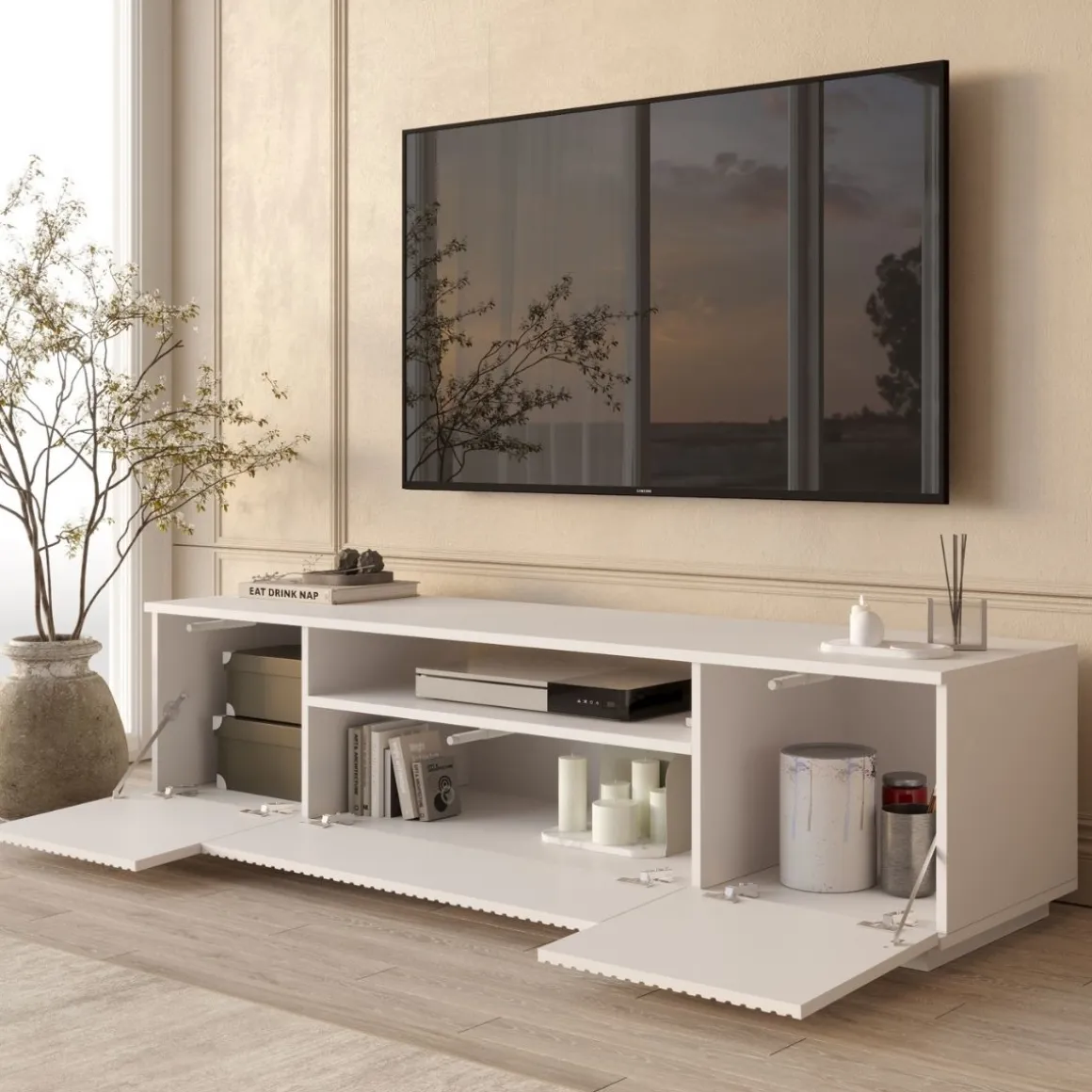 Mueble de TV Kora 3 puertas abatibles y compartimento blanco 44,6x180x44,5 cm
