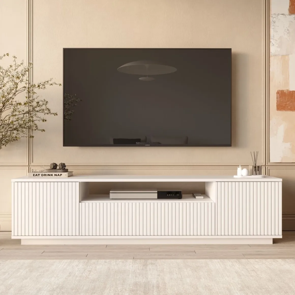 Mueble de TV Kora 3 puertas abatibles y compartimento blanco 44,6x180x44,5 cm