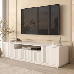 Mueble de TV Kora 3 puertas abatibles y compartimento blanco 44,6x180x44,5 cm