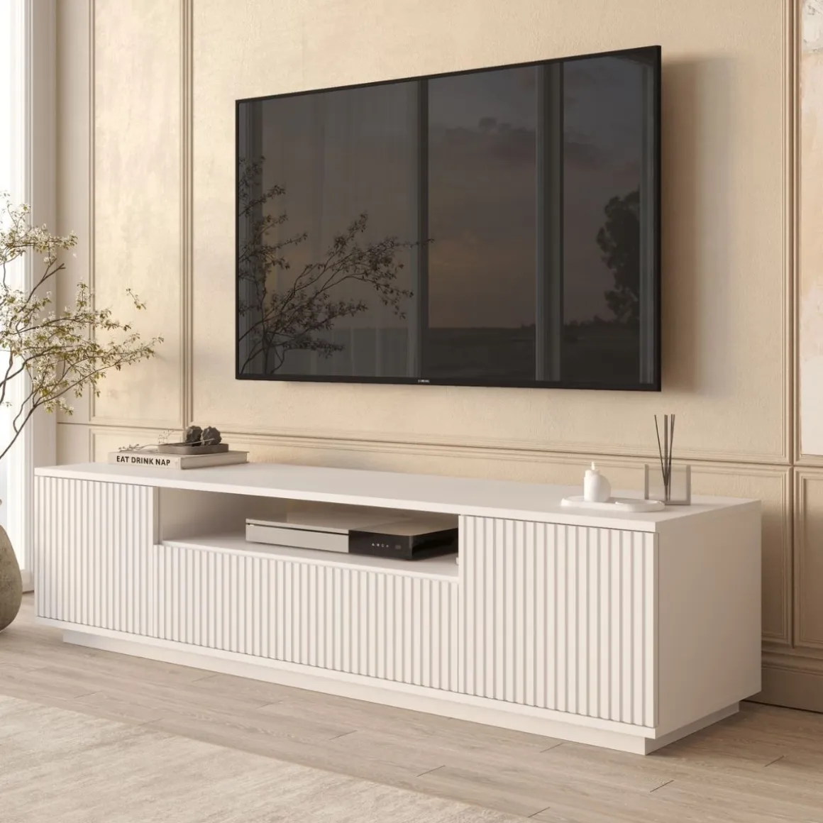 Mueble de TV Kora 3 puertas abatibles y compartimento blanco 44,6x180x44,5 cm