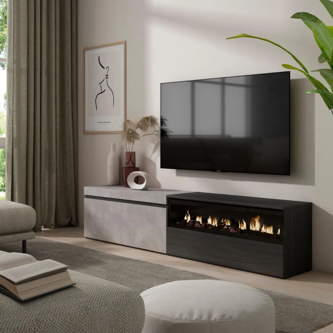 Mueble de TV Kroma 3 puertas con chimenea derecha 45x203x34,6 cm
