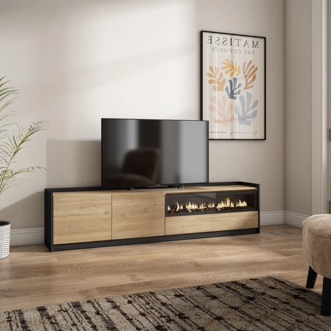 Mueble de TV Kroma 3 puertas con chimenea a la derecha 49,5x207,2x35 cm