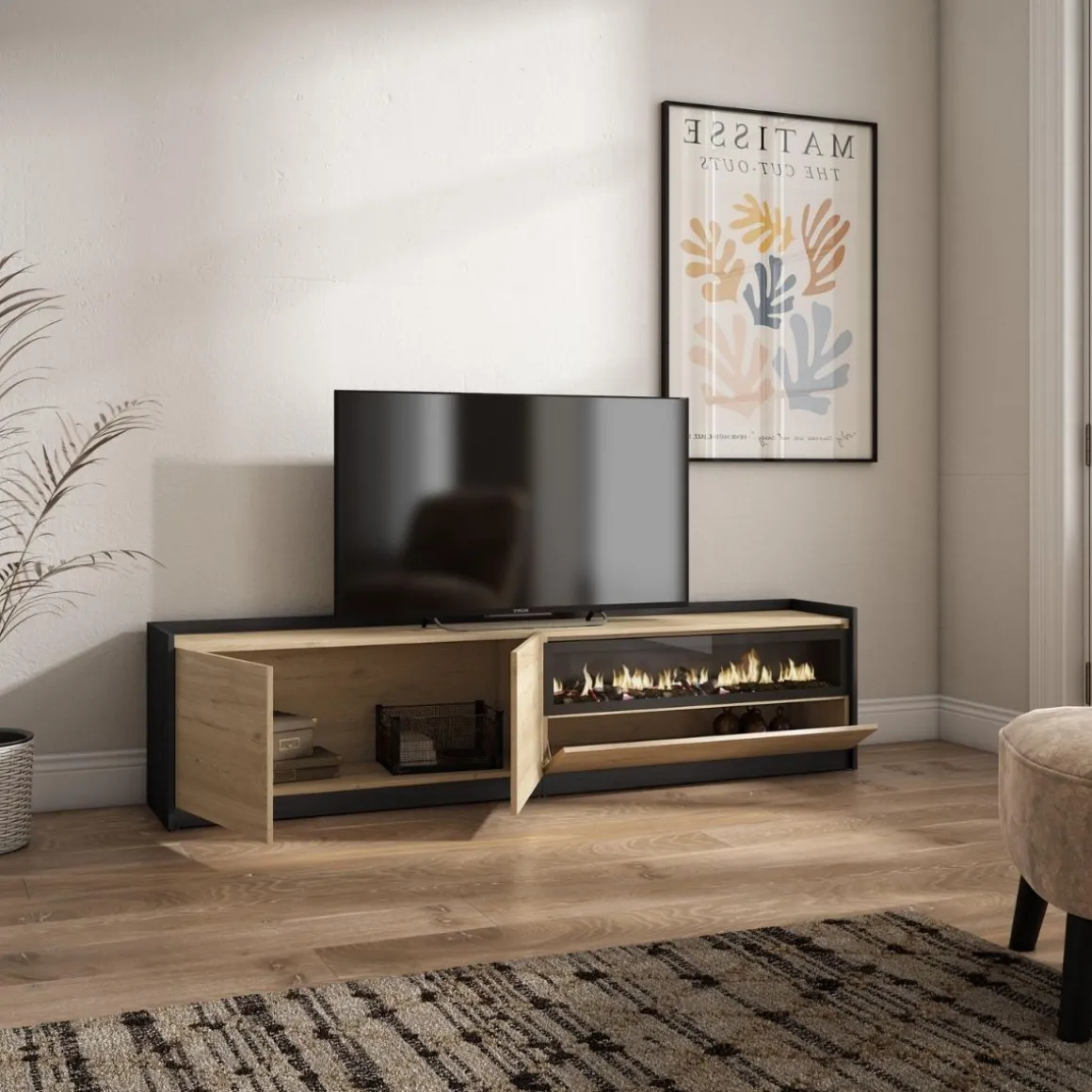 Mueble de TV Kroma 3 puertas con chimenea a la derecha 49,5x207,2x35 cm