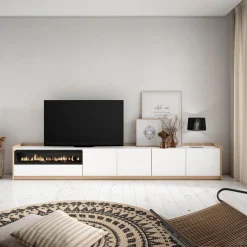Mueble de TV Kroma 4 puertas con chimenea izquierda blanco 49,5x309,2x35 cm