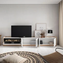 Mueble de TV Kroma 4 puertas con chimenea izquierda blanco 49,5x309,2x35 cm