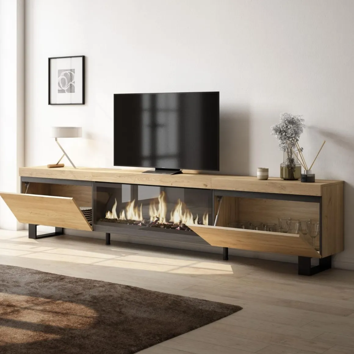 Mueble de TV Kroma 2 puertas abatibles con chimenea central natural 57x267,2x34,6 cm
