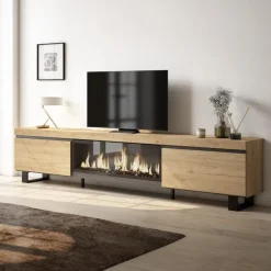 Mueble de TV Kroma 2 puertas abatibles con chimenea central natural 57x267,2x34,6 cm
