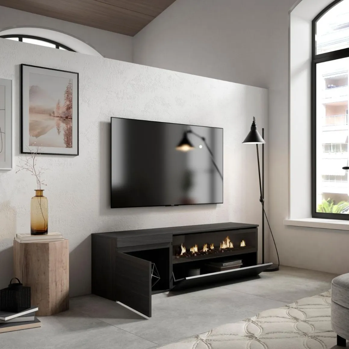 Mueble de TV Kroma 2 puertas con chimenea derecha 45x152,5x34,6 cm
