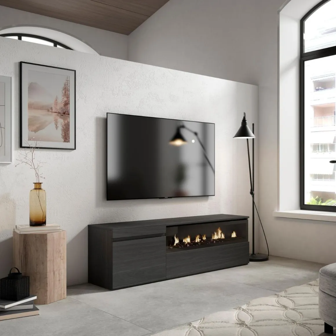 Mueble de TV Kroma 2 puertas con chimenea derecha 45x152,5x34,6 cm