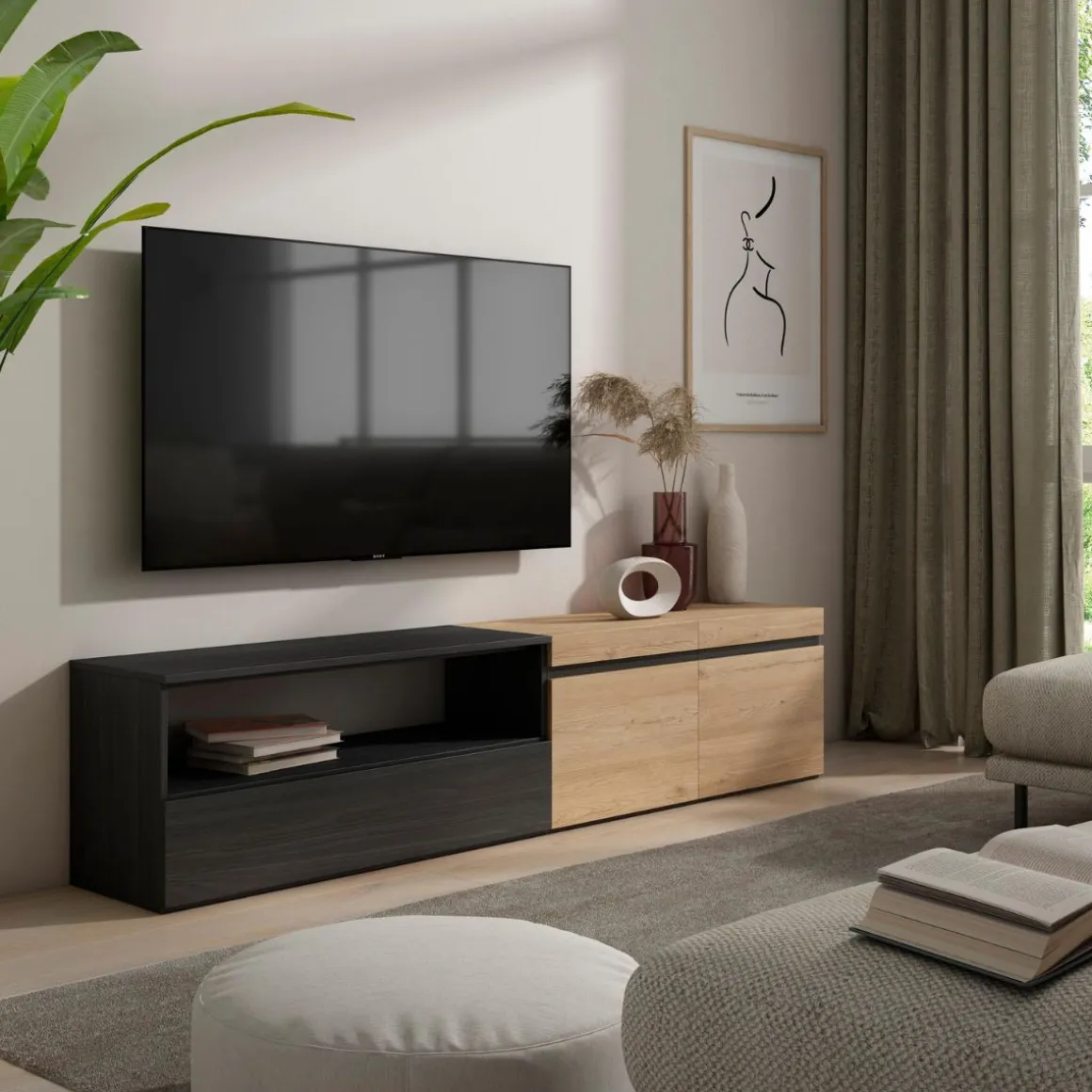 Mueble de TV Kroma 3 puertas con estante izquierda 45x203x34,6 cm