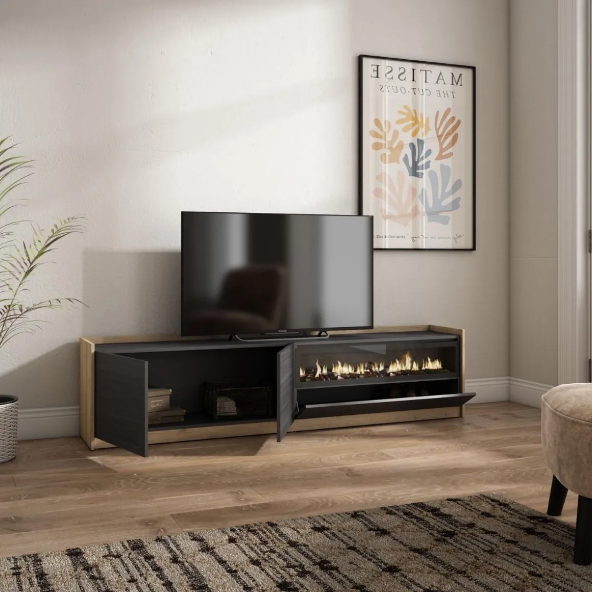 Mueble de TV Kroma 3 puertas con chimenea a la derecha 49,5x207,2x35 cm