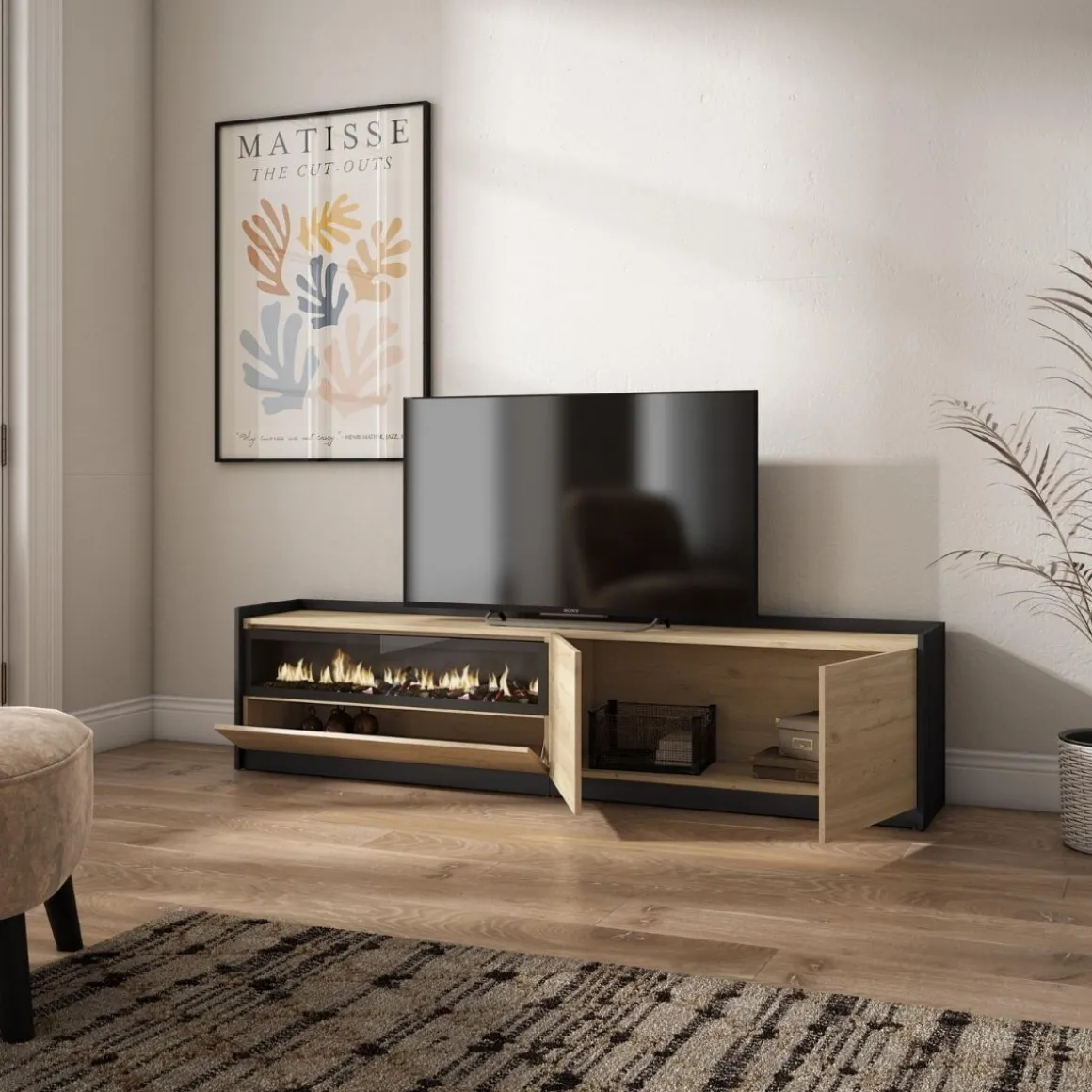 Mueble de TV Kroma 3 puertas con chimenea a la izquierda 49,5x207,2x35 cm