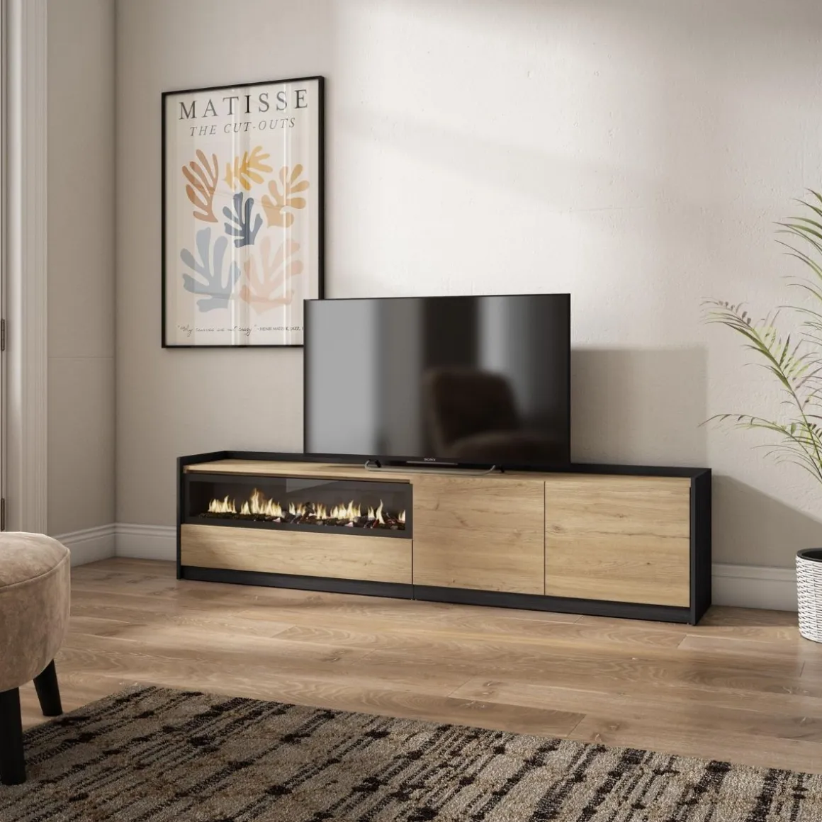 Mueble de TV Kroma 3 puertas con chimenea a la izquierda 49,5x207,2x35 cm