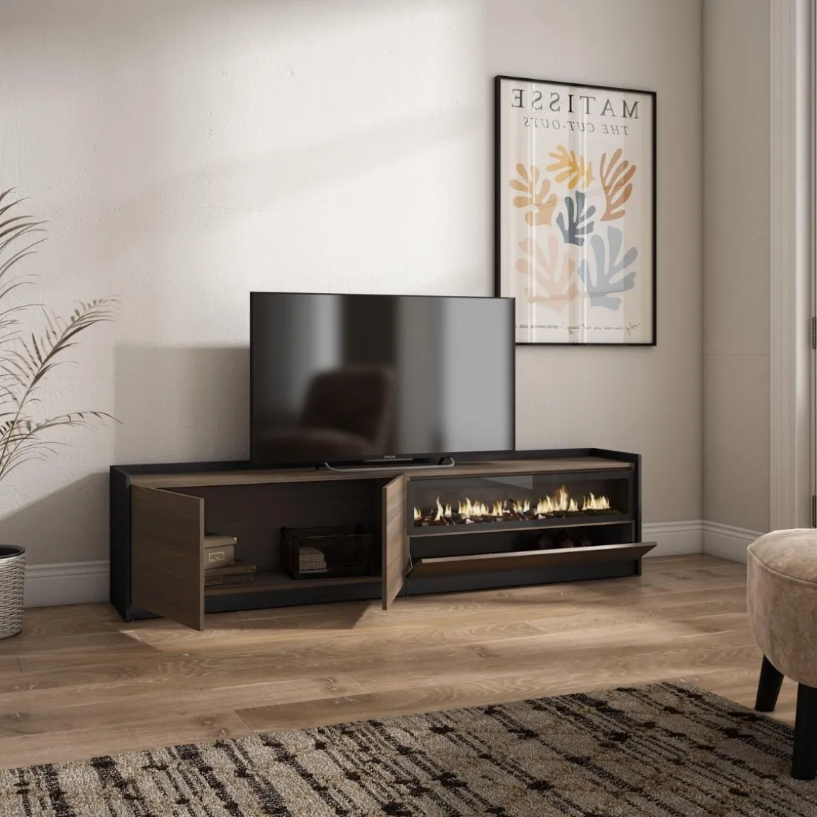 Mueble de TV Kroma 3 puertas con chimenea a la derecha 49,5x207,2x35 cm