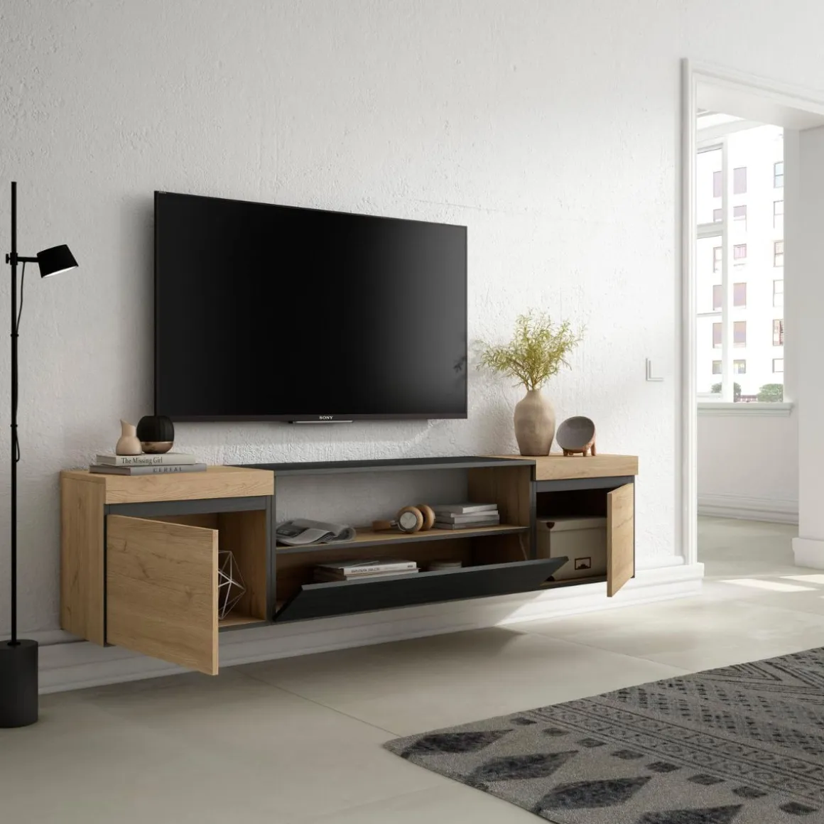 Mueble de TV Kroma 3 puertas diseño flotante 45x203x35 cm